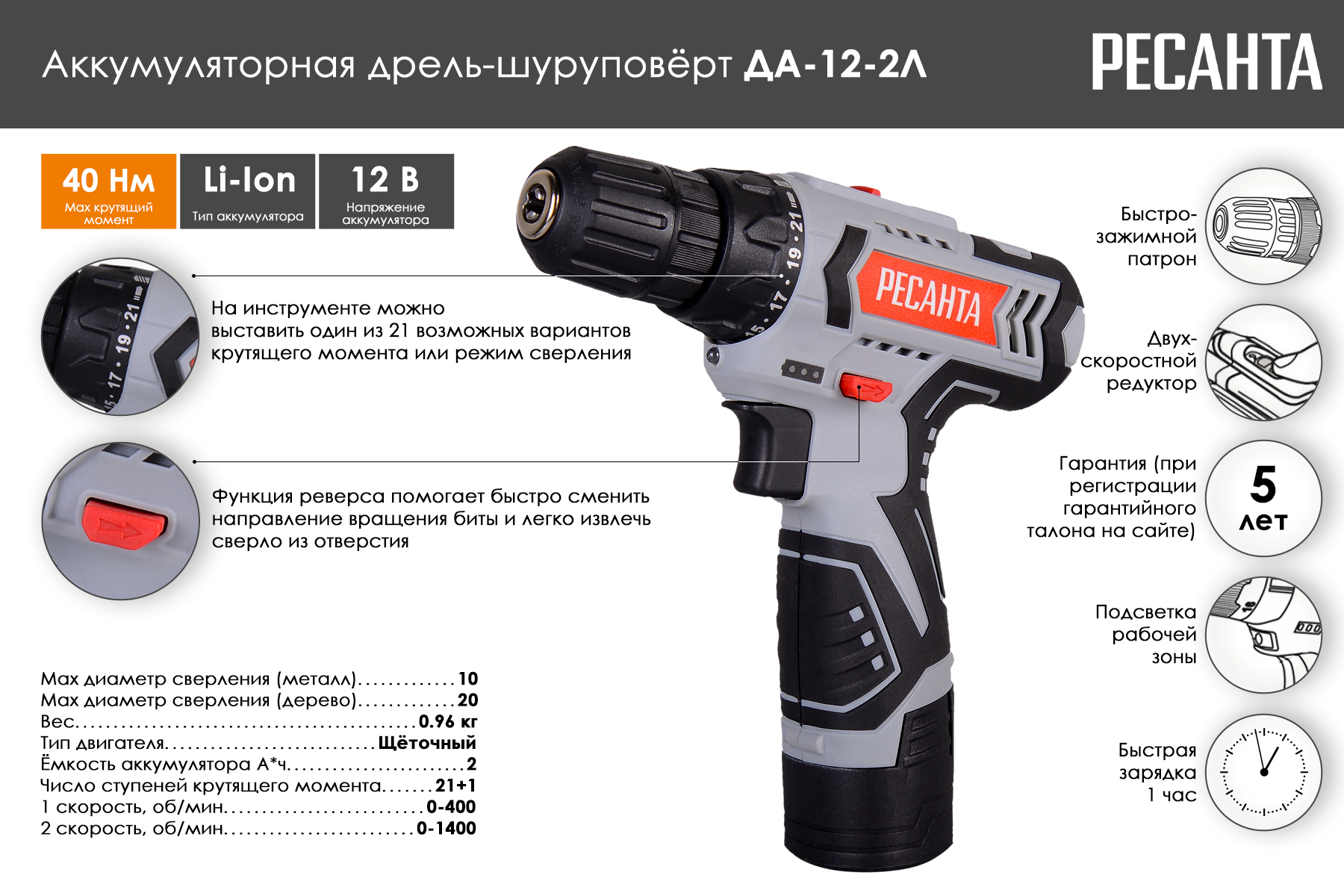 Аккумуляторная дрель-шуруповерт Ресанта ДА-12-2Л