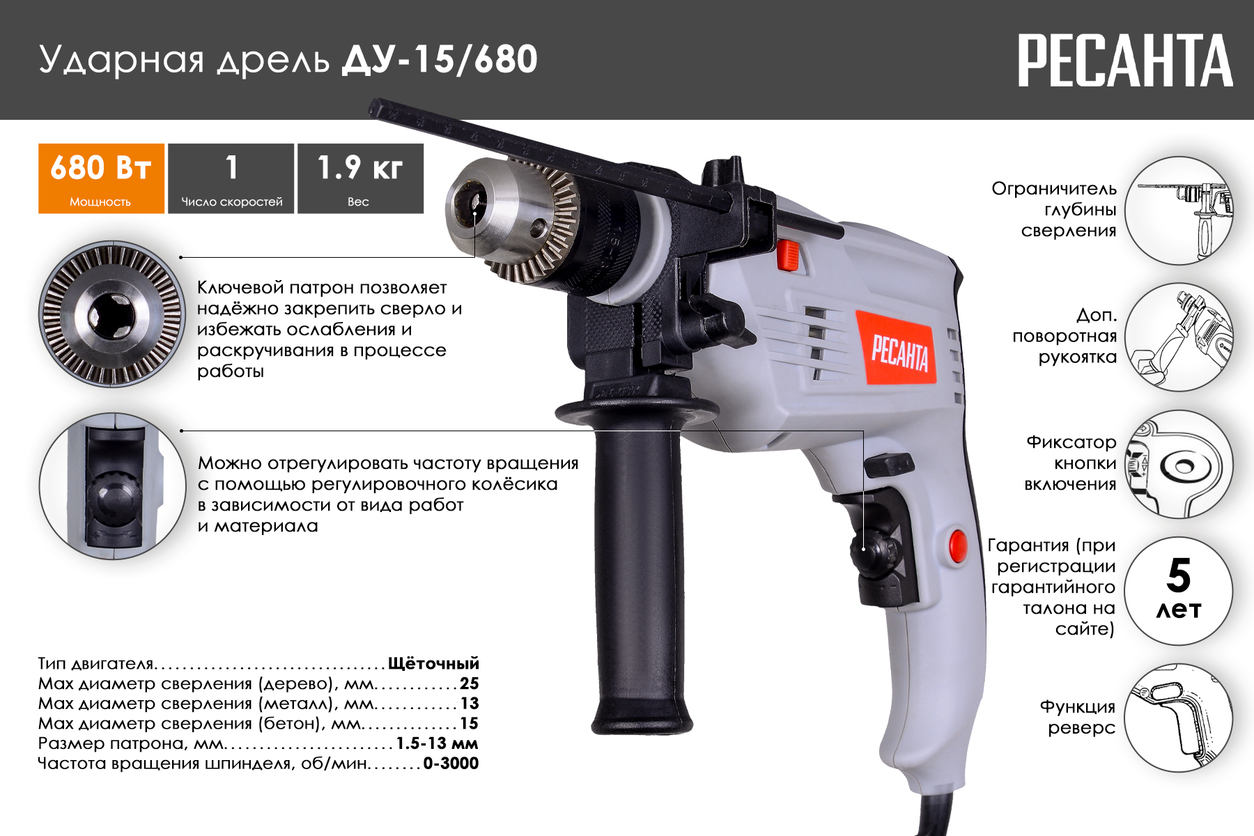 Ударная дрель Ресанта ДУ-15/680
