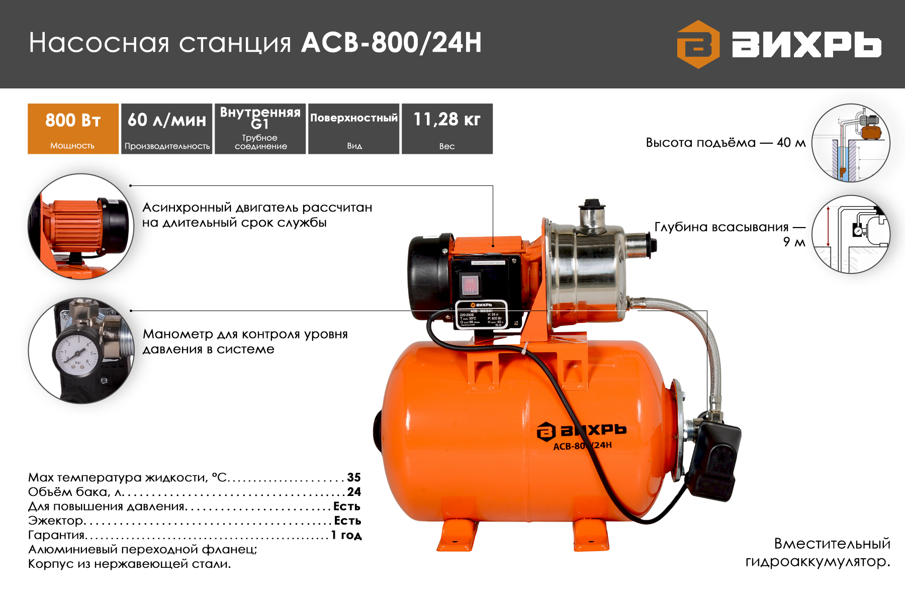 Насосная станция ВИХРЬ АСВ-800/24Н 68/1/7