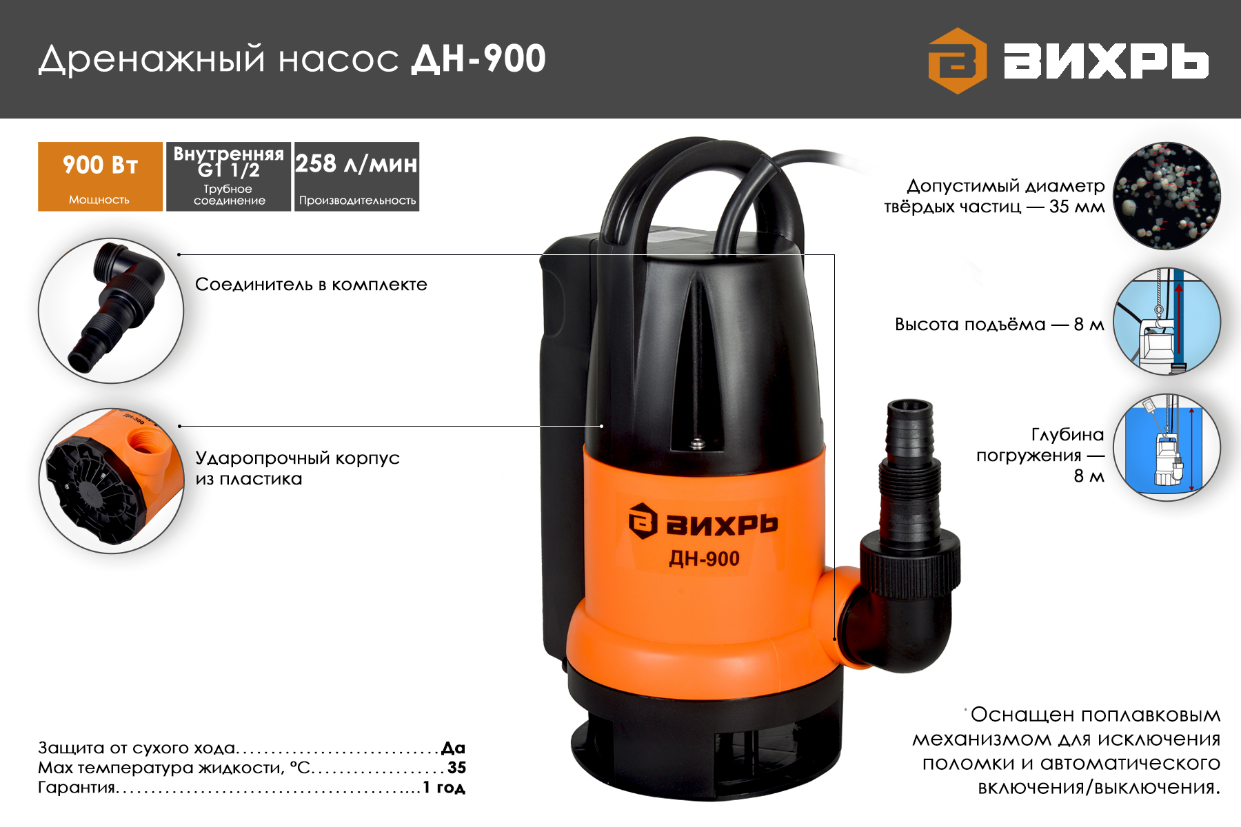Дренажный насос ВИХРЬ ДН-900 68/2/3