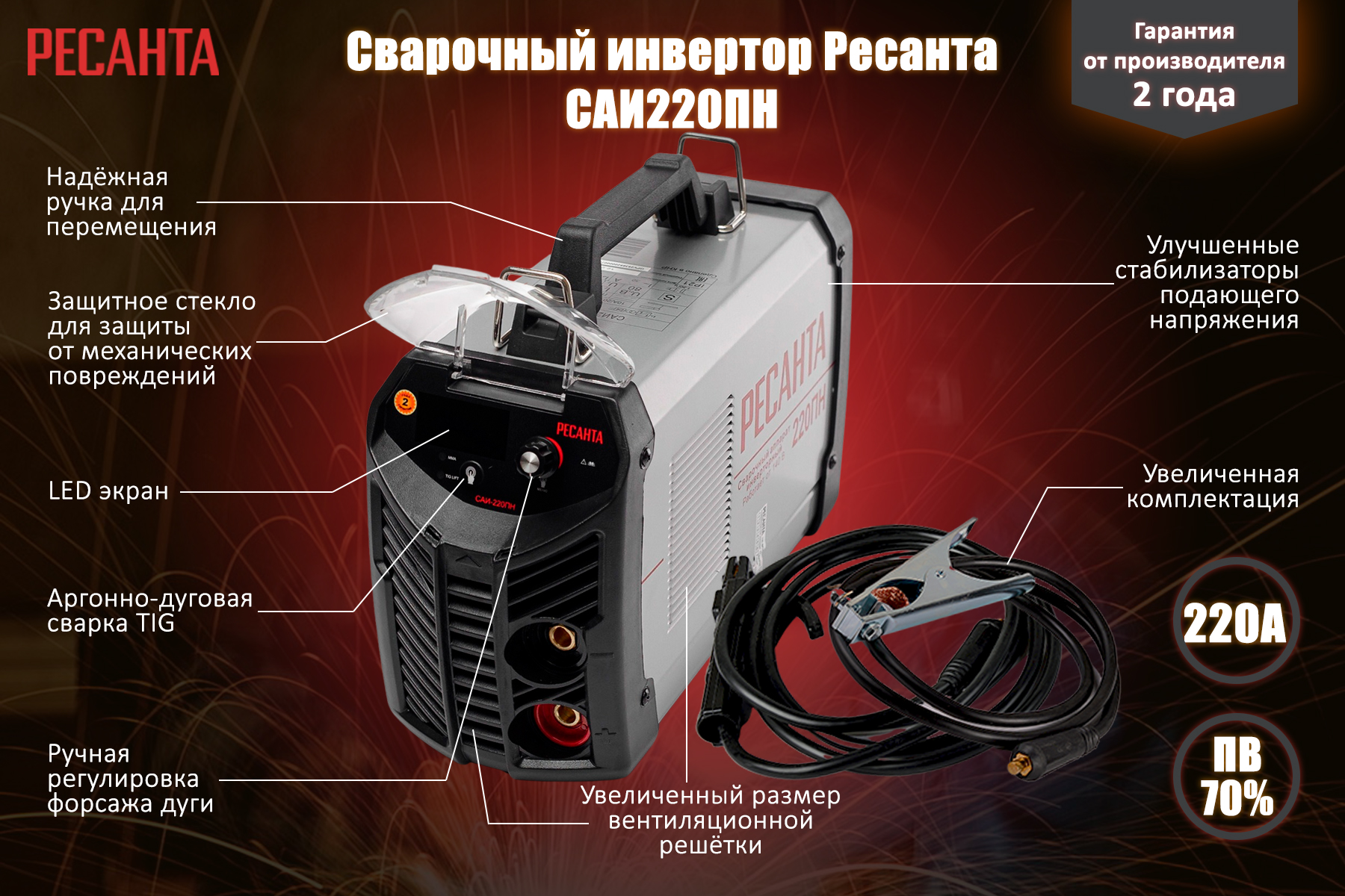 Сварочный аппарат инверторный Ресанта САИ 220 ПН 65/20