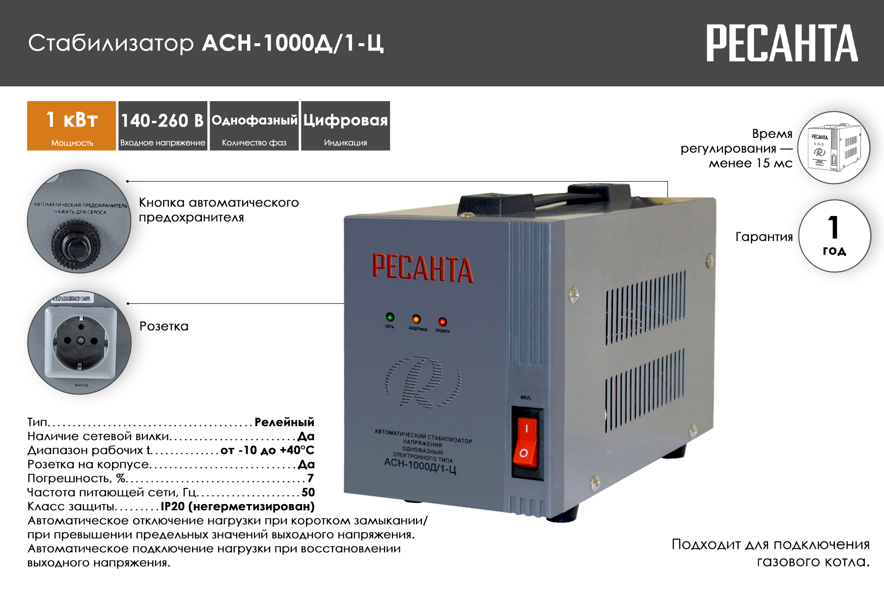 Стабилизатор Ресанта АСН-1000Д/1-Ц 63/6/38